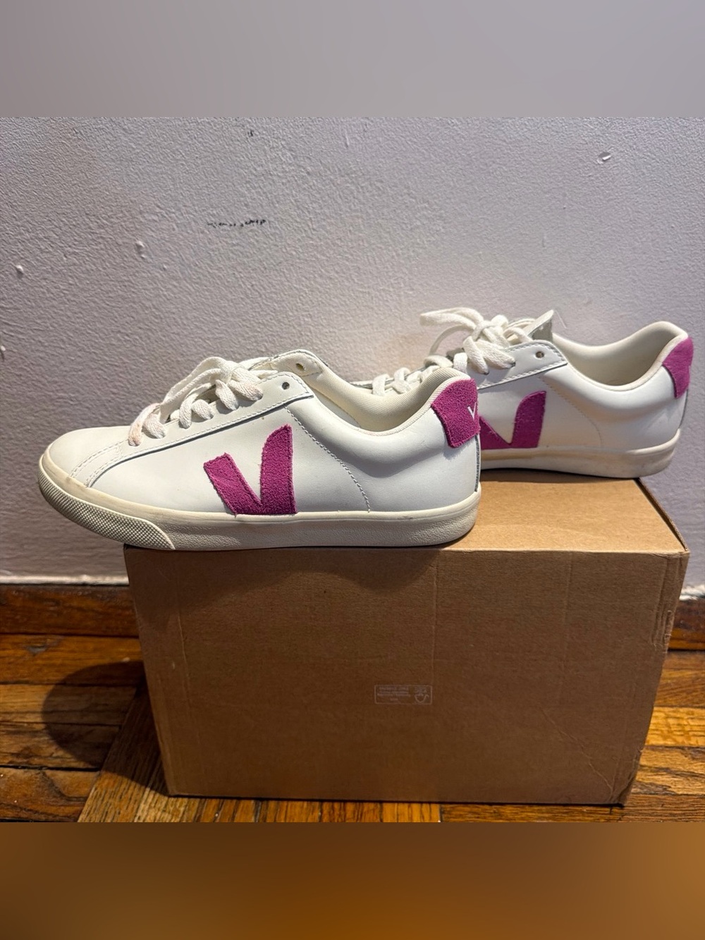 Veja Women's White Sneakers with Pink V Accent